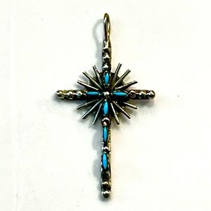 Zuni, Vintage Sterling Silver Turquoise Crucifix / Cross Pendant